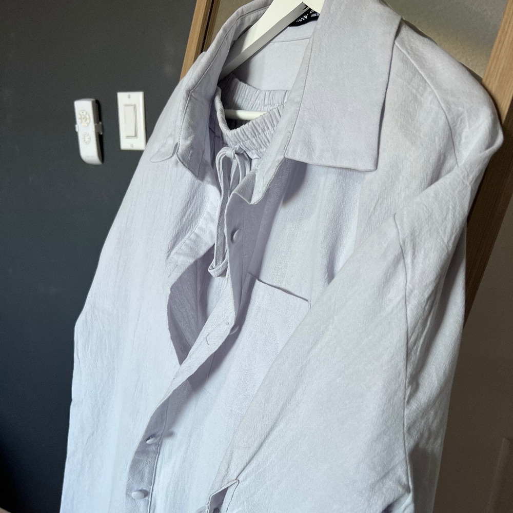 Linen-Look Matching Shirt & Shorts Set – Soft Blue/Lavender | Size L